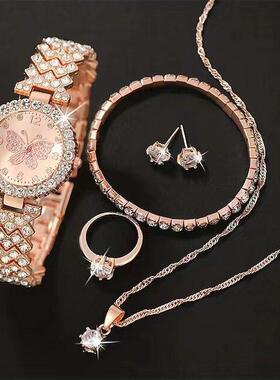 women's wrist watch 5pcs/set 女士腕表套装时尚满钻蝴蝶石