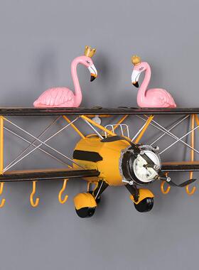 仿古做旧飞机钟飞机造型置物架壁饰壁挂挂钩钟表创意铁艺墙壁装饰