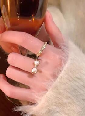 蝴蝶结珍珠戒指女轻奢小众设计感开口食指戒精致气质简约百搭指环