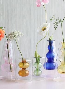香薰瓶玻璃无火藤条欧式玻璃花瓶玻璃彩色双层花瓶水培花瓶客厅