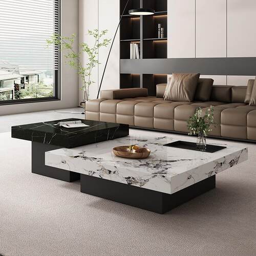 意式轻奢岩板茶几组合现代简约客厅家用方形高低边几 - 图1