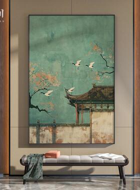 新中式禅意绿色中国风楼阁仙鹤古典客厅装饰画玄关壁画竖版挂画