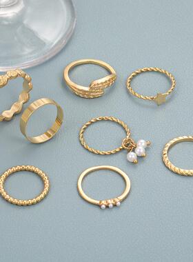 Ring set 8 pieces戒指金色星星复古树叶关节珍珠戒指组套8件套