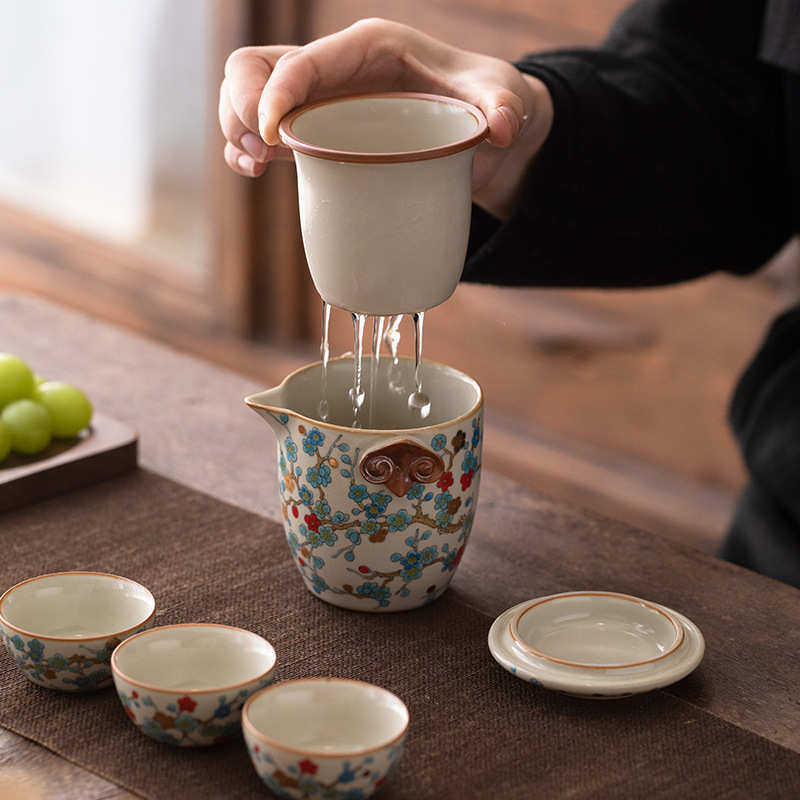 寻器高档汝窑金梅快客杯陶瓷旅行茶具一壶三杯户外便携式茶杯套装,淘宝优惠券,粉丝福利购,淘宝优惠卷