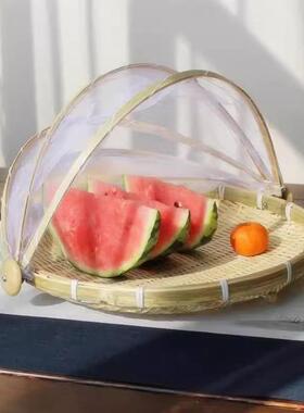 竹编制品网罩筛子晾晒家用食品馒头防蝇收纳筐纱网防虫竹篮簸箕