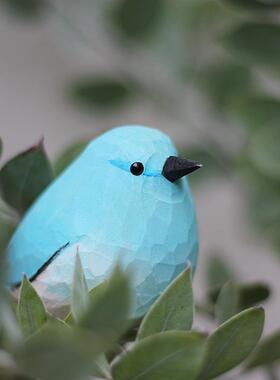 2P80山地蓝知更鸟山蓝鸲肥啾木雕小鸟纯手工实木桌面