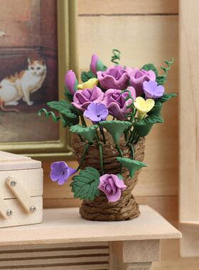 1:12迷你娃娃屋dollhouse花园阳台树脂花卉摆件编织花紫色玫瑰花
