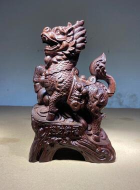 沉香木雕麒麟一对摆件招财纳福飞天麒麟家居开关镇宅貔貅玄关摆件