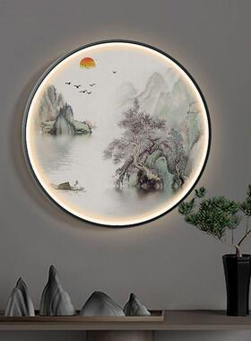新中式入户玄关装饰画办公室书房圆形带灯壁画茶室走廊山水挂画