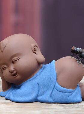 高档砂可爱童趣小和尚家居桌面茶玩摆件紫陶苍蝇寓意一定赢车载装