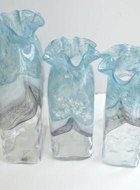 蓝色花白水墨花瓶黑白山水云纹水波纹方砖花器出口手工玻璃
