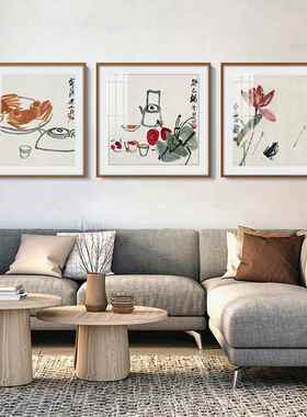 齐白石虾趣图挂画端午荷花茶室走廊客厅装饰画中式国画螃蟹图壁画