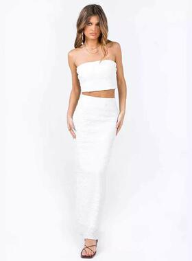 Solid color strapless slit long skirt set for women