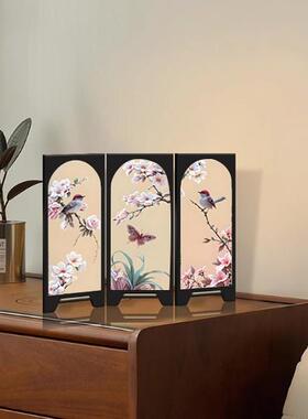 花鸟图屏风摆台装饰画电视柜桌面摆画玄关柜家居摆件复古风摆件