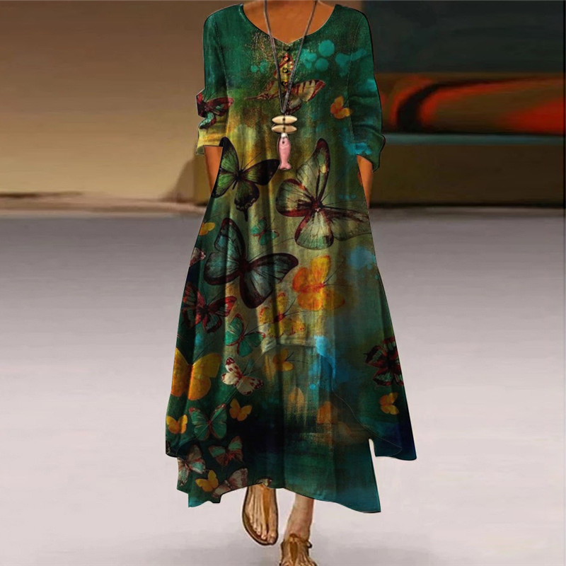 Popular printed long sleeved dress, women's hem long skirt - 图0