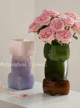 中古琉璃方口花瓶小众设计感水培鲜花几何绿色花器摆件小众高级感