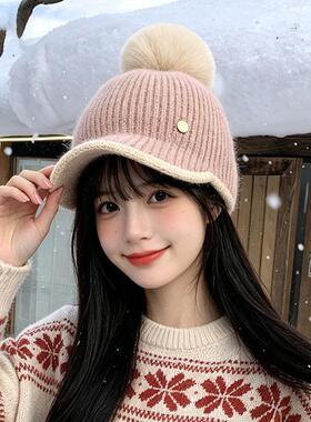 针织毛球帽子女士秋冬加厚保暖护耳百搭显脸小鸭舌帽防寒毛线帽子