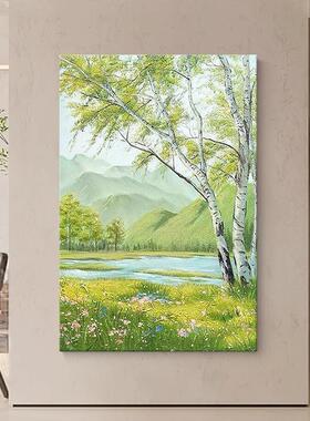 白桦树山水风景客厅装饰画意式纯手绘油画玄关挂画正对门入户壁画