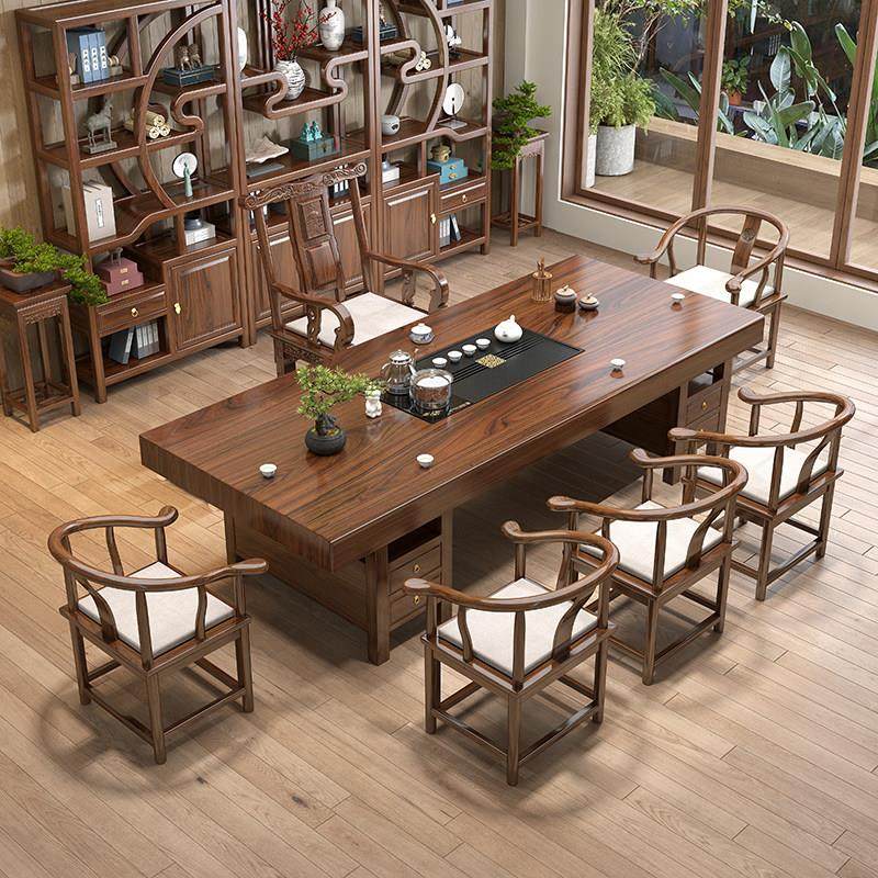 大板茶桌椅组合一桌五椅新中式原木功夫茶台办公室实木茶几喝茶桌,淘宝优惠券,粉丝福利购,淘宝优惠卷