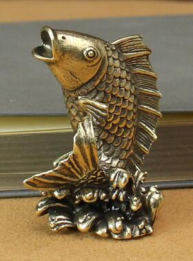 实心纯黄铜办公桌面锦鲤鱼小摆件古铜茶宠饰品工艺品礼品手把玩件