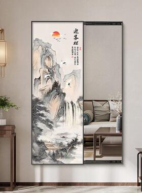 中式风家用隐形推拉镜玄关装饰画可关闭暗藏式全身镜壁画2024新款