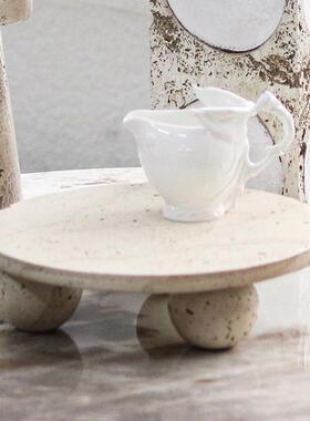 侘寂风仿洞石三脚圆形果盘托盘摆件客厅茶几酒店家居软装饰品组合