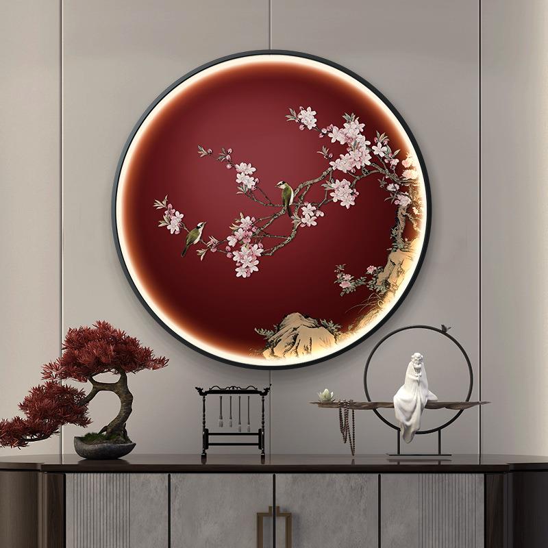 新中式入户玄关间OOC装饰画厅画轻奢样板客挂画LED灯画发光壁花鸟 - 图0