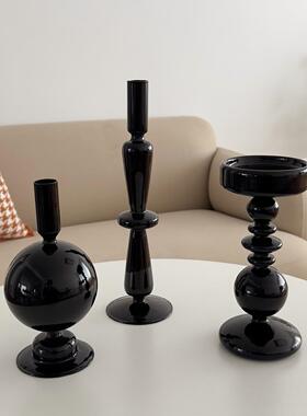 复古黑色玻璃烛台玄关电视柜客厅装饰摆件高级感小众轻奢家居饰品