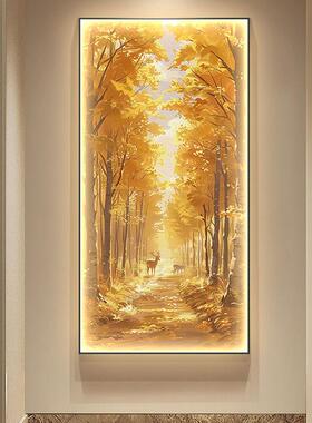 原木风玄关装饰画北欧风景走廊过道麋鹿挂画入户门口led带灯壁画