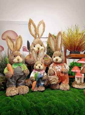 手工草编兔子草编动物家居店铺装饰橱窗拍摄道具大号穿衣服婚庆