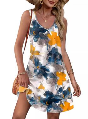 Women's All Over Print Round Neck Bodycon Tank Floral Dress