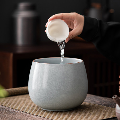 9WOR陶瓷汝窑水盂茶洗建水茶水缸哥窑茶桶家用复古功夫茶渣缸功夫 - 图3