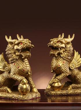 纯黄铜麒麟摆件一对风水踩八卦办公室桌面客厅家居招财中式工艺礼