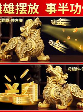貔貅招财摆件公母一对聚财旺财客厅玄关办公室装饰客厅黄铜工艺礼