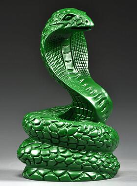 绿色木质蛇摆件实木十二生肖木头雕刻眼镜蛇吉祥物装饰木制工艺礼