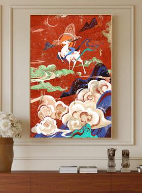 发财鹿玄关挂画高级感新中式入户走廊过道装饰画红色敦煌客厅壁画