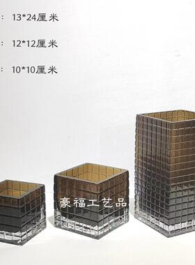 现代简约棕色方格设计玻璃花瓶家居样板房客厅桌面插花装饰摆件