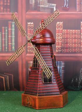 复古铁皮风车模型橱窗摄影陈列道具飞车模型铁艺风车摆件