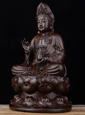 木质摆件 家居客厅雕像手工实木摆件 黑檀木坐莲观音佛像木雕摆件