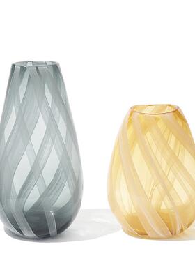 现代简约扁形条纹小口玻璃花瓶餐桌干花酒店样板房电视柜装饰花瓶