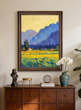 背有靠山入户玄关装饰画法式风景客厅挂画中古风肌理感正对门壁画