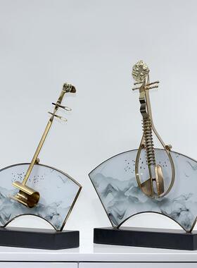 新中式禅意客厅玄关酒柜装饰品样板房售楼处茶室二胡琵琶扇子摆件