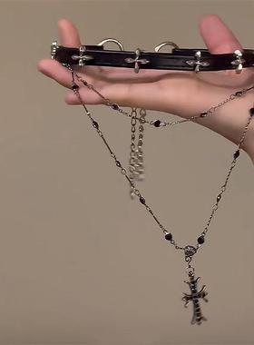叠戴项链女辣妹黑皮绳链锁骨链