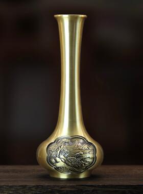 纯黄铜山水花瓶摆件铜花瓶装饰仿古花插客厅家居摆件装饰品工艺品
