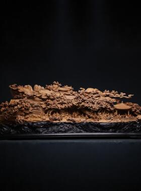 崖柏手工雕刻木雕根雕山水摆件中式金丝楠木装饰品家居玄关工艺品