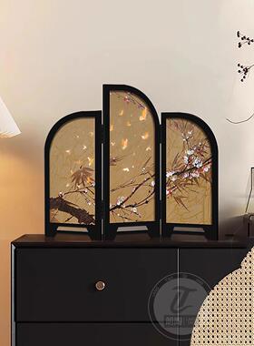 新中式花鸟小屏风桌面摆件创意折叠装饰画 画中古风摆画 画茶室茶