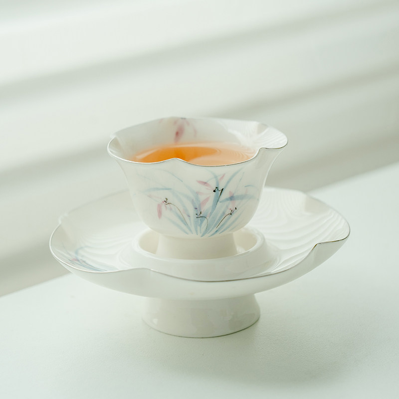 昌朴居描白金纯手绘幽兰荷韵套杯陶瓷单杯功夫茶具品茗茶杯带杯垫,淘宝优惠券,粉丝福利购,淘宝优惠卷