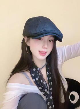 日系覆古白色褶皱前进帽女春夏季新款显脸小贝雷帽文艺百搭报童帽