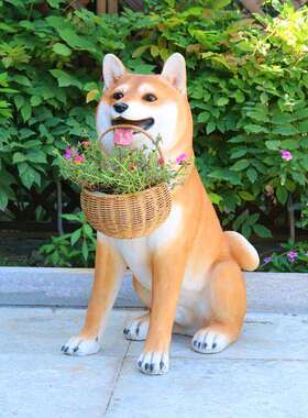 柴犬收纳花篮置物架仿真动物玻璃钢雕塑田园客厅阳台装饰迎宾摆件