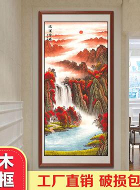 鸿运当头国画招财装饰挂画客厅玄关走廊过道进门竖版聚宝盆山水画